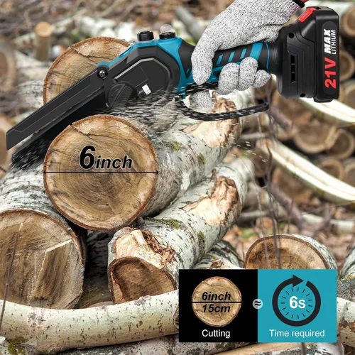 Miniatura 2 de OneLeaf Mini motosierra eléctrica inalámbrica con 2 baterías y 3 cadenas, motosierra pequeña de 6 pulgadas, funciona con pilas, portátil de mano