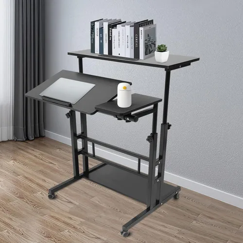 Miniatura 3 de Escritorio móvil de pie ajustable para laptop con ruedas, carrito de almacenamiento para estar de pie o sentado, para estación de trabajo de oficina