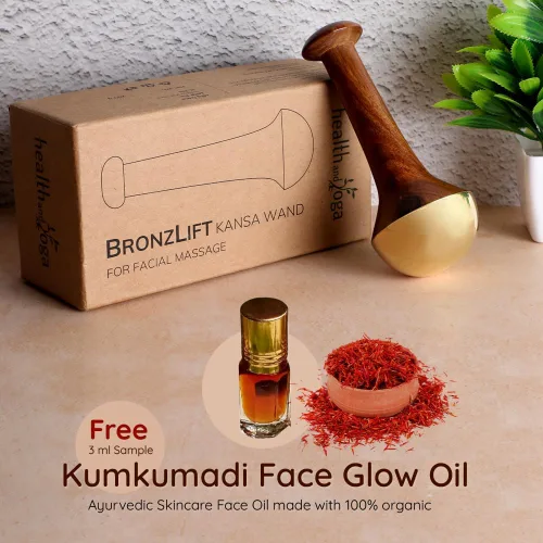 Miniatura 3 de SoulGenie HealthAndYoga™ BronzLift Kansa Masajeador facial y vial de prueba de aceite facial Kumkumadi - Kansa Wand Ayurveda Beneficios del bronce