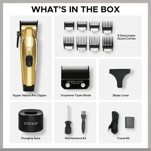Miniatura 6 de Cocco Veloce Pro Clipper, Digital Gap Ambassador Graphene Taper Blade Profesional Clipper, Motor BLDC de alto par, totalmente metálico, inalámbrico