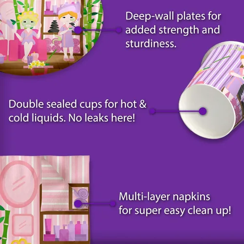 Miniatura 5 de Suministros para fiestas de spa para niñas - Kit de fiesta de pijamas para 16 El juego de vajilla incluye platos, servilletas y tazas