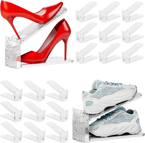 Miniatura 9 de Neprock Organizador de ranuras para zapatos para armario, paquete de 12 apiladores de zapatos acrílicos para un par de zapatos, 3 niveles ajustables