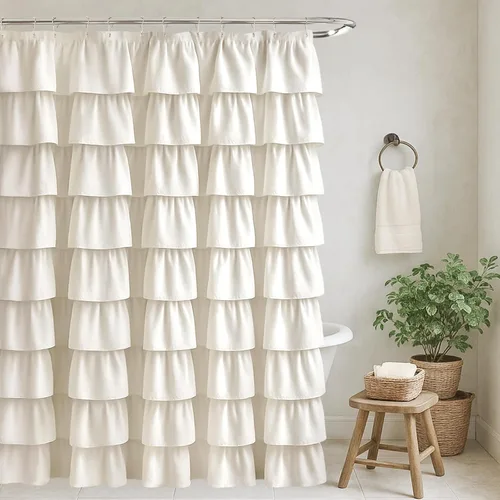 Miniatura 27 de Cortina de ducha Seasonwood de tela blanca con volantes, cortina de ducha estilo granja, cortinas de ducha de 72 x 84 pulgadas con botones y Blanco