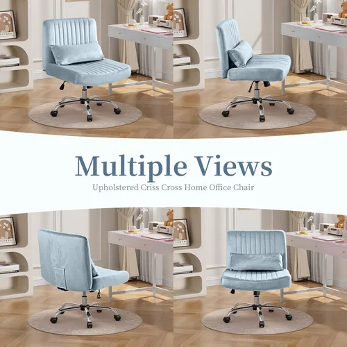 Miniatura 10 de Silla de oficina cruzada con ruedas, silla de escritorio de terciopelo con patas cruzadas para dormitorio, silla de computadora sin brazos, moderna