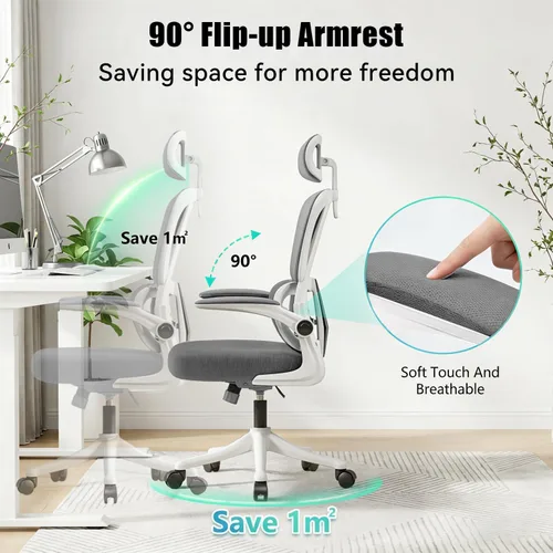 Miniatura 3 de Silla de oficina ergonómica, silla de escritorio de malla blanca y negra con soporte lumbar ajustable y reposacabezas, ruedas giratorias de 360°