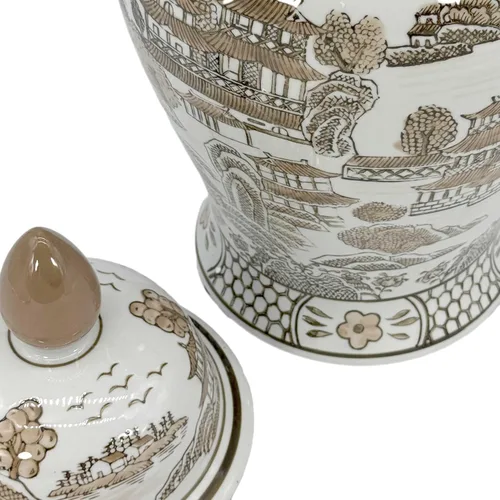 Miniatura 5 de Galt International Jarrón de Templo de Cerámica Chinoiserie Floral Marrón y Blanco de 18" con Tapa - Jarrón de Jengibre Decoración para Hogar