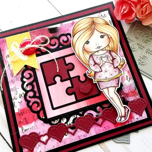 Miniatura 4 de Rompecabezas de metal troquelados con forma de corazón, plantillas de marco de rompecabezas cuadradas, manualidades, tarjetas, troqueles de corte