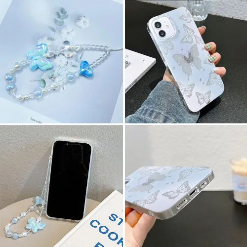 Miniatura 7 de Abbery - Funda diseñada para iPhone 12/12 Pro con purpurina, transparente y linda con diseño de mariposa, correa para la muñeca, brillante