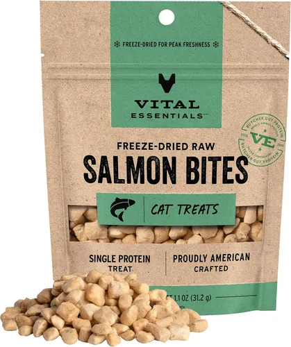 Vital Essentials Golosinas liofilizadas para gatos | Mordeduras de salmón, proteína única | Calidad premium | Sin granos, golosinas crujientes para