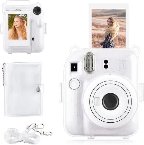 Rieibi Funda transparente compatible con Fuji Instax Mini 12 – Funda con purpurina para cámara instantánea Fujifilm Instax Mini 12 con bolsillo