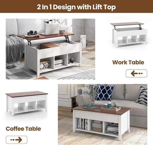 Miniatura 7 de GOFLAME Mesa auxiliar elevable, mesa central con mesa elevadora, compartimento oculto, 3 estantes abiertos, patas medias, almohadillas