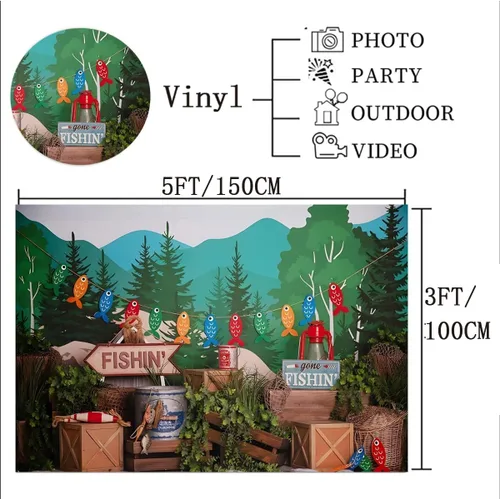 Miniatura 5 de Fondo de fotografía de pesca con plantas verdes bosque, para niños, fiesta de cumpleaños, pastel, retrato para baby shower, fiesta, accesorios