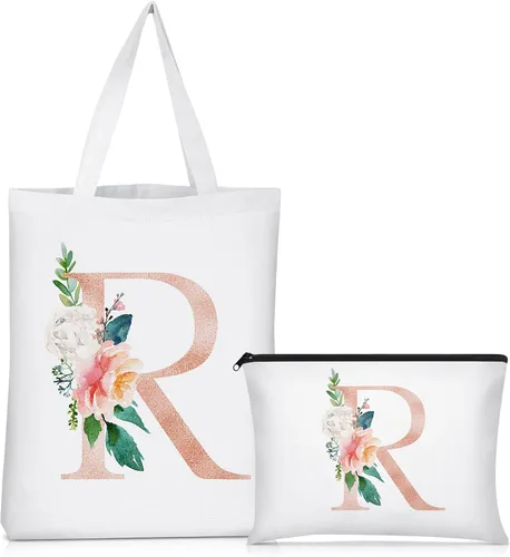 Miniatura 16 de Sanwuta 2 bolsas de lona con inicial, diseño floral con letras florales, bolsas de cosméticos de viaje, bolsas con monograma para mujer, mujer