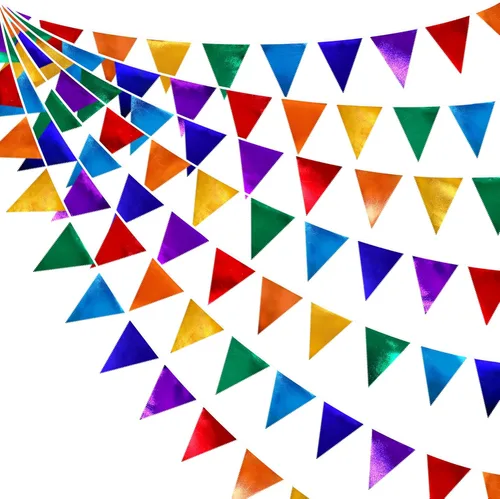 Miniatura 58 de Decoración de fiesta iridiscente de 33 pies, tela holográfica, banderín triangular, banderín de algodón, guirnalda de banderines para cumpleaños