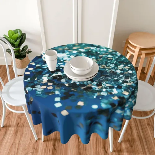 Miniatura 5 de Round Tablecloth for Dining Table 60 Inch Fabric Table Cover Glittered Blue Background Water Resistant Circular Table Cloth for Kitchen Farmhouse