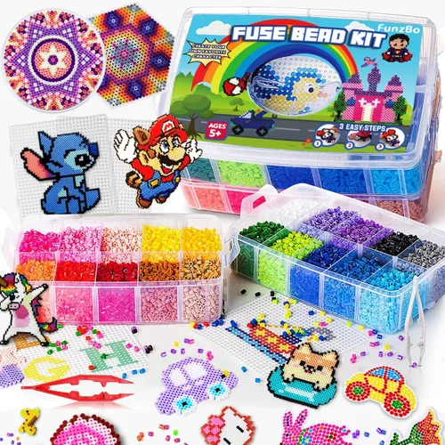 Miniatura 14 de FunzBo - Paquete de cuentas que se funden, 111 patrones, cuentas de colores Melty Fusion, juego de perlas de arte y manualidades para niños, 5500