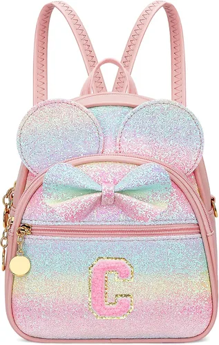 Miniatura 19 de KKXIU Mochilas Mini con Moño Inicial para Niñas y Mujeres, Linda Mochila Pequeña con Asa de Bolso, Regalos Personalizados para Niños, Arcoíris