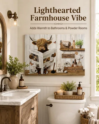 Miniatura 8 de Divertido arte de pared de baño de vaca de las tierras altas, rústico, color marrón, lindo animal, pintura, imagen, decoración de pared, ganado