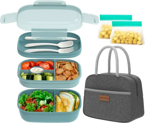 Miniatura 13 de JBGOYON® Juego de lonchera Bento, 3 recipientes apilables para adultos y niños, incluye bolsa de almuerzo, a prueba de fugas y sin BPA, juego