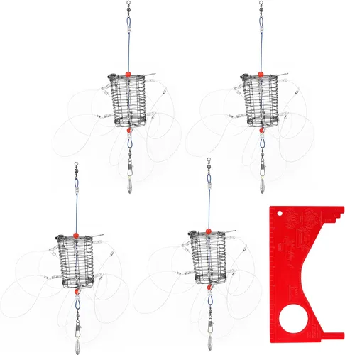 Paquete de 4 trampas para cangrejos de 8 bucles con calibre de cangrejo de acero inoxidable, trampas cilíndricas para caña de pescar, atrapa
