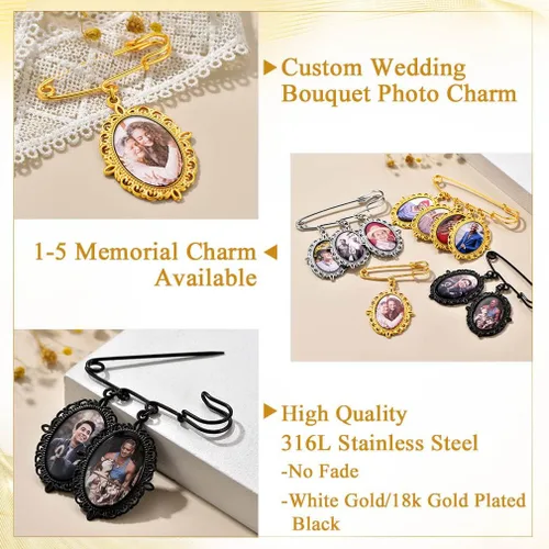 Miniatura 5 de Custom4U Abalorios de fotos de ramo de boda personalizados con 1 a 4 fotos conmemorativas Boutonniere para novia o recuerdo funerario para madre