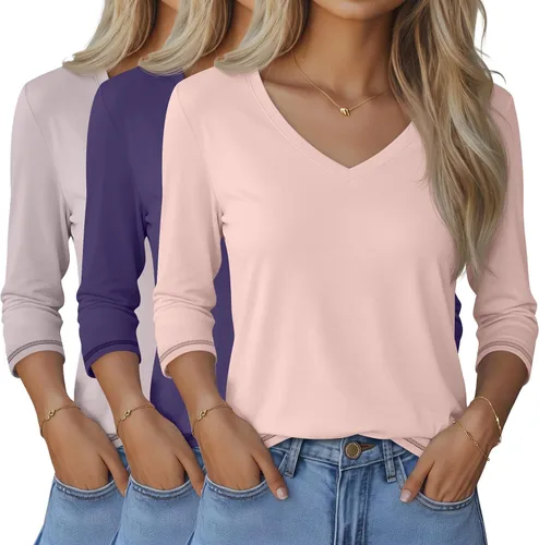 Miniatura 11 de Ficerd Paquete de 3 camisetas de manga 3/4 para mujer, cuello en V, blusas holgadas, blusas casuales, ropa de moda 2026