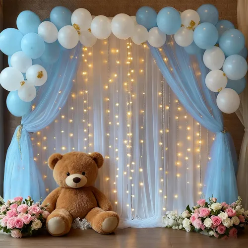 Miniatura 2 de Cortina de telón de fondo de tul azul bebé de 10 x 8 pies con cadena de luces para fiestas, cortinas de fondo transparentes para bodas, baby shower