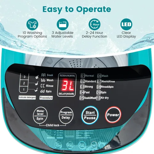 Miniatura 3 de COSTWAY Lavadora portátil de 7.7 libras, máquina de lavandería completamente automática de 0.78 pies cúbicos con 10 programas preestablecidos, 3 Azul
