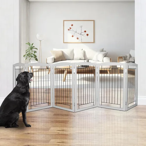 Miniatura 15 de ZJSF Puerta plegable independiente para perros, puerta de madera extra ancha blanca para cachorros, 6 paneles, puertas altas para mascotas
