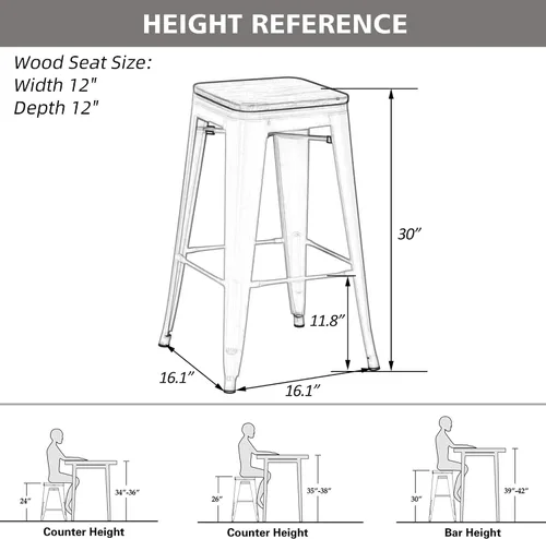 Miniatura 2 de Juego de 4 taburetes de bar de metal sin espalda de 24 pulgadas, apilables, industriales, para taburetes de isla de cocina, con asiento de madera