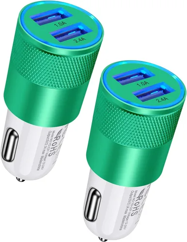 Cargador de teléfono de coche de doble puerto, [2 unidades] Cargador USB de carga rápida de 3.4 A, adaptador de encendedor Carro, adaptador de Verde