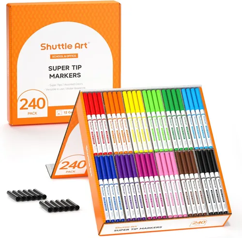 Shuttle Art Paquete de 240 Marcadores Lavables Super Tips, 12 Colores Surtidos Marcadores Grandes de Punta Cónica al Por Mayor con una Caja, Tapas
