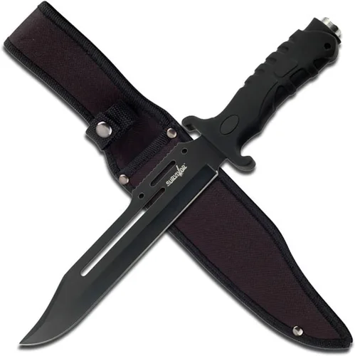 Survivor Cuchillo al aire libre de la hoja fija de la serie HK-1036 al aire libre, hoja de borde recto negro, mango de goma negro