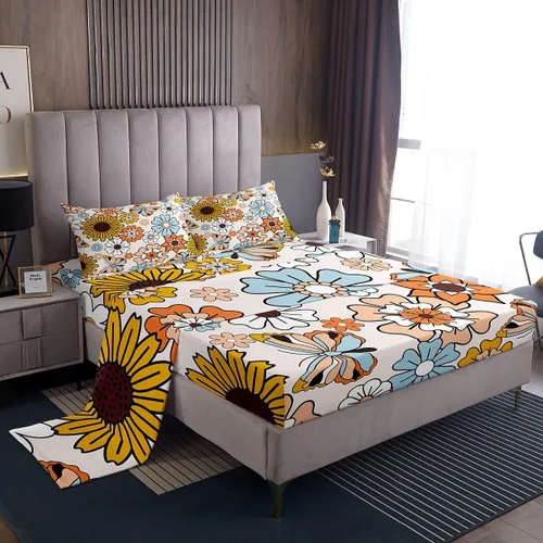 Feelyou Juego de sábanas de flores hippie retro, tamaño individual, juego de sábanas de mariposa para niños y adolescentes, decoración de los años