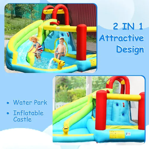 Miniatura 8 de OLAKIDS Tobogán acuático inflable, casa de rebote 6 en 1 con tobogán de pared de escalada para piscina, borde de baloncesto, pistola de agua, parque