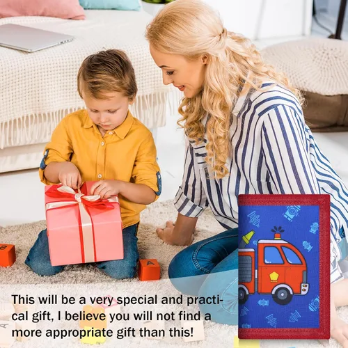 Miniatura 5 de Cartera RFID, bonita cartera de dibujos animados con cremallera para niños, Carro de bomberos, Cartera de lona triple para niños