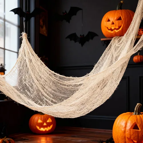 Miniatura 9 de Qtisky Juego de 5 telas de gasa espeluznante de Halloween, tapiz de gasa de Halloween beige para interiores y exteriores, decoraciones espeluznantes