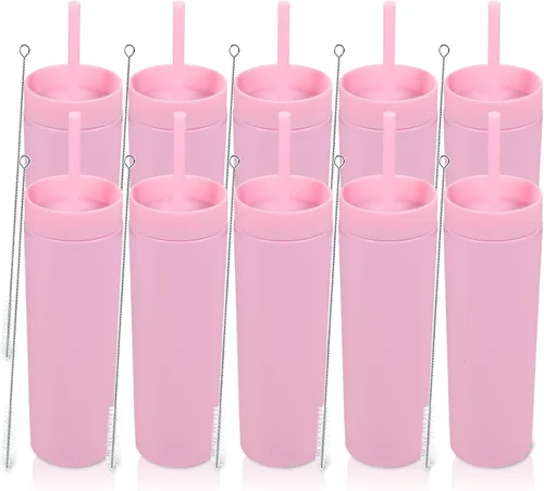 Miniatura 25 de Volhoply Vaso delgado de plástico de 16 onzas con tapa y pajita, paquete de 4 unidades, vasos aislados de doble pared de acrílico mate, sin BPA