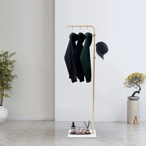 Miniatura 6 de Perchero para ropa de 67 pulgadas con base de almacenamiento y ganchos, perchero resistente para colgar ropa, bolsos, sombreros y zapatos para Dorado