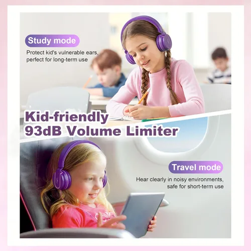 Miniatura 2 de Auriculares para niños, auriculares con cable para niños en la oreja con micrófono, limitador de volumen de 93 dB para niñas y niños, auriculares