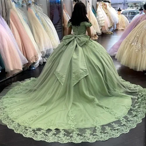 Miniatura 3 de PFTFB Vestidos de quinceañera con hombros descubiertos para mujer, vestidos de tul hinchados con tren, encaje y cuentas, vestido largo de baile