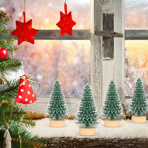 Miniatura 2 de SEWACC 10 mini árboles de Navidad de 2.0 in, botella de escarcha de nieve artificial con base de madera, adornos de nieve de invierno para Navidad