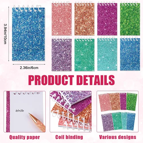 Miniatura 3 de Sherr Juego de 16 bolígrafos y cuadernos con purpurina, mini bloc de notas en espiral, bolígrafos elegantes para niños, niñas, mujeres, lentejuelas