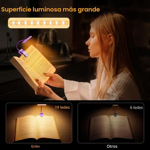 Miniatura 5 de Gritin Luz de Lectura LED Recargable de 19 LED para Leer en la Cama con Función de Memoria - Cuidado de los Ojos 3 Temperaturas de Color, Atenuación