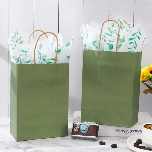 Miniatura 4 de Whaline 16 bolsas de papel kraft verde salvia con asas, 20 piezas de papel de seda de eucalipto, bolsa de golosinas a granel para baby shower