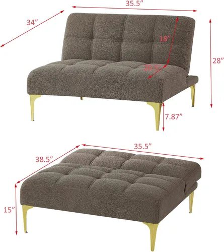Miniatura 2 de Polibi Sofá moderno con almohada abatible, sofá cama plegable convertible con respaldo ajustable y patas doradas, sofá individual, tela de peluche