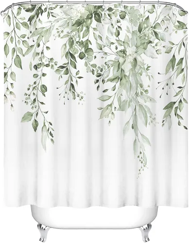 Miniatura 4 de Tititex - Juego de cortinas de ducha de eucalipto verde lima claro, hojas de acuarela en la parte superior, decoración floral de baño, 72 x 72 Hojas