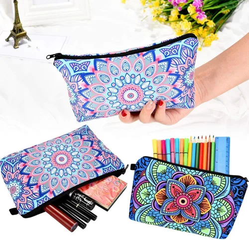 Miniatura 5 de 6 piezas bolsa de maquillaje bolsa de aseo impermeable, bolsa de cosméticos con dibujos de flores, mandalas, patrones de flores, llamas, unicornios