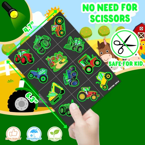 Miniatura 6 de Tatuajes temporales de tractor que brillan en la oscuridad para niños, 96 calcomanías precortadas luminosas de granja Recuerdos de fiesta