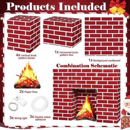 Miniatura 3 de Juego de 15 piezas de cartón navideño para chimenea, chimenea de cartón con fuego falso, bloques de tablero de tarjetas de llama falsa para Ladrillo